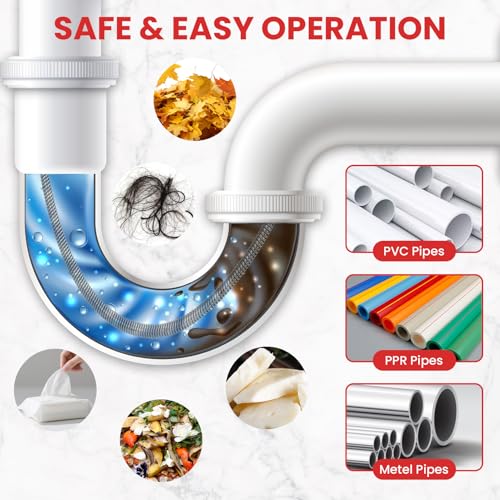 XJX Drain Auger, Plumbing Snake with Drill Adapter, 25FT Flexible Steel Drain Clog Remover, Manual or Powered for Kitchen, Bathroom & Shower Sink, with Gloves and Storage Bag Red - color: Red