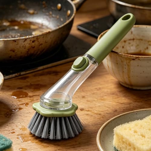 Dish Scrubber with Soap Dispenser,Non Slip Cleaner Scrubber with Handle,Dish Cleaning Brush | for Pots Stoves Pans Kitchen Home Dorm Appliances Dishwashing - color: Green