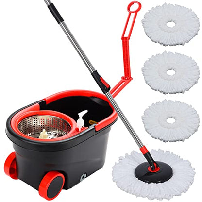 Spin Mop and Bucket with Wringer Set on Wheels, 360° Spinning Mop Bucket System with 3 Microfiber Mop Replacement Heads and 61" Stainless Steel Adjustable Handle for Floor Cleaning (25QT) - color: Black-3