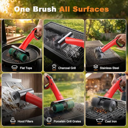 Electric Grill Brush for Outdoor Grill, Cordless BBQ Grill Cleaner with Dual Rotating Heads, 450 RPM Motorized Grill Cleaning Brush with Forward & Reverse, 6-Piece Replaceable Brush Set