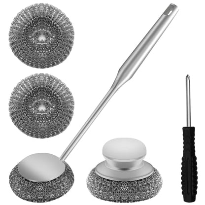 2Pcs Stainless Steel Wool Scrubber Sets, Dish Scrubber with Long Short Handle Stainless Steel Scrubber Cleaning Brush Metal Scrubber with Replacement, Steel Scrubber for Dishes Tableware Home Kitchen - color: 5pcs