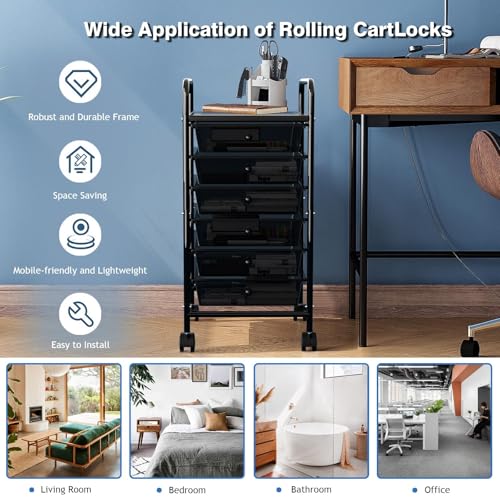 Rolling Cart with Drawers, 6-Tier Rolling Storage Cart with Drawers, Rolling Utility Cart with 6 Drawers with 2 Lockable Caster Wheels for Office Bathroom Kitchen, Transparent Black - size: Black, 6-Tier