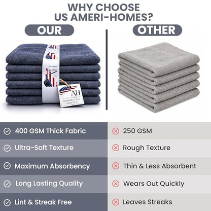 Ameri-Homes Premium Microfiber Cleaning Cloths 12 x 12 Inches, 400 GSM, Soft & Absorbent, Scratch-Free Lint-Free Cleaning Towels for Kitchen, Car, Glass & Home (Pack of 6) (Gray) - color: Gray