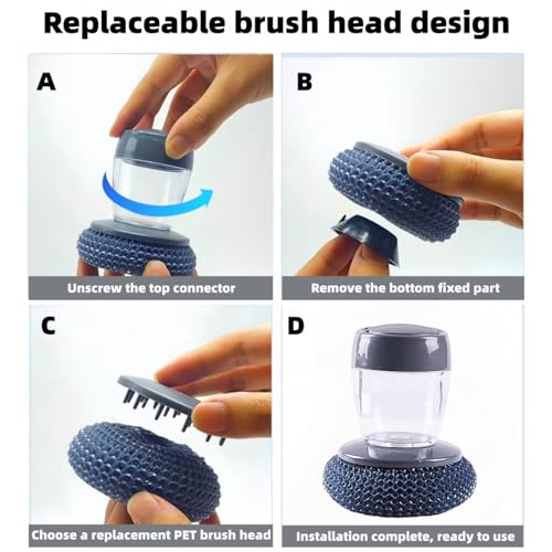 2-in-1 Soap Dispensing Dish Brush Set, with 6 Heads & Tray | PET soft for non-stick; steel wool for cast iron. Upgraded seal reduces leaks. 6 heads + drip tray