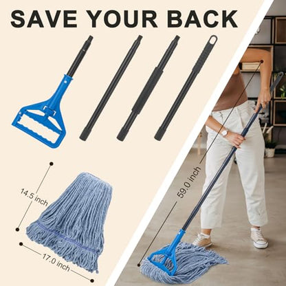 Commercial Industrial Mop with 3 Extra Large Reusable Replacement Head,59" Long Handle Heavy Duty Wet Mops,Looped-End String Cotton Mop for Floor Cleaning,House,Kitchen,Office,Garage,Tile(Blue) - size: Blue Handle + 3 Mop Head