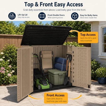 ADDOK 26 Cu.Ft Outdoor Storage Shed with Floor,Large Waterproof Resin Storage Cabinet with Lift-Up Lid,Double Doors and Lockable Design for Lawn Mower,Garden Tools, Patio,Backyard and Pool Supplies - size: 26 Cu.Ft-Brown