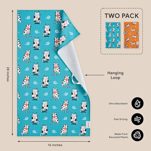 RECYCO Waffle Kitchen Towel Set of 2 - Quick Dry Microfiber Sustainable Dish Towels - Ultra Absorbent Reusable Cleaning Tea Towels - Lightweight Hand Towels,16”x 28”, Cuddly Cats - color: Cuddly Cats