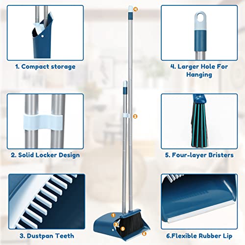 Standing Dustpan and Broom Set with 52" Long Extendable Handle for Home, Indoor, Kitchen Room Office Lobby Floor Cleaning - color: Navy Blue