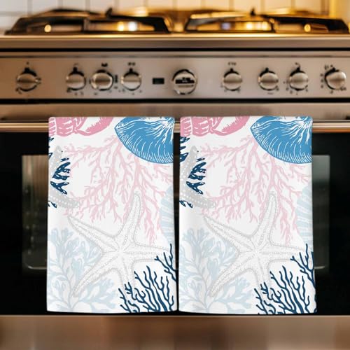 Blue Coastal Kitchen Towels Set, Ultra Absorbent Dish Towels Quick Drying Microfiber Hand Towel Decorative Large Grey Red Pink Coral Starfish Nautical Tea Towel Dishcloths for Kitchen Cleaning 18"x28" - color: Lake Blue, Pink, size: 1 Pack