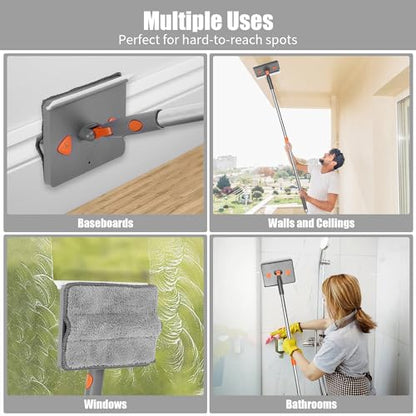 85” Baseboard Cleaner Tool with Handle and Hooks, 180° Rotating Wall Cleaner with Convex Design, Wall Mop with 6 Reusable Pads to Clean Wall, Window, Floor and Ceiling with Extension Poles - size: Rectangular