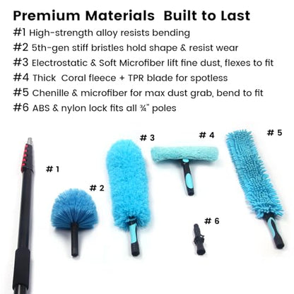20FT High Reach Cleaning Kit - Includes 12FT Telescoping Extension Pole Bendable Chenille Duster & Microfiber Duster Cobweb Duster Glass Scrubber & Squeegee Swivel Head - for Ceiling Fans Windows - size: 12ft+5PC-kit1
