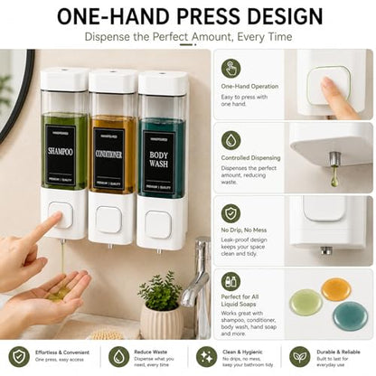 Shampoo and Conditioner Dispenser, Shower Shampoo Dispenser 3 Chamber No Drill, Shampoo and Conditioner Bottles for Bathroom Hotel Large Capacity(White) - color: White