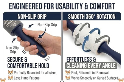 Extra Sticky Lint Roller for Pet Hair (400 Sheets) — 4-Pack, Straight-Cut Sheets, Ergonomic Navy Handles — Cat & Dog Hair Remover for Clothes, Furniture & Car - size: 4 Packs