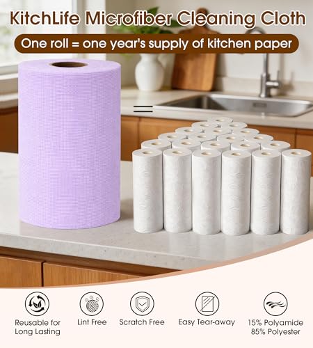 KitchLife Microfiber Cleaning Cloth Roll, 100 Pack - Tear-Away Microfiber Paper Towels, Lint-Free, Reusable, Washable for Kitchen, Car, Dishes, and Sensitive Surfaces (Light Purple) - color: Light Purple, size: 100 Pack