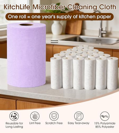 KitchLife Microfiber Cleaning Cloth Roll, 100 Pack - Tear-Away Microfiber Paper Towels, Lint-Free, Reusable, Washable for Kitchen, Car, Dishes, and Sensitive Surfaces (Light Purple) - color: Light Purple, size: 100 Pack