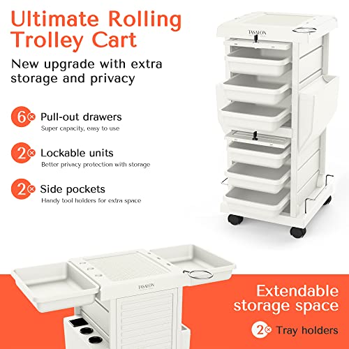TASALON Salon Trolley Cart with Lock, 6 Lockable Trays + 2 Holders, Rolling Storage Cart for Hair Salon, Beauty, Barber Station - White - color: White