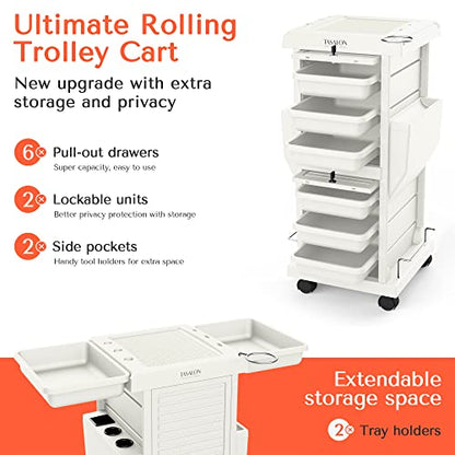 TASALON Salon Trolley Cart with Lock, 6 Lockable Trays + 2 Holders, Rolling Storage Cart for Hair Salon, Beauty, Barber Station - White - color: White