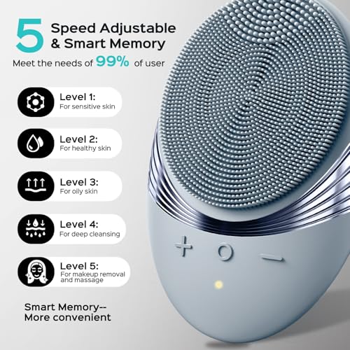 COSLUS FBS01 Facial Cleansing Brush Face Scrubber, Compact for Travel | Rechargeable, Gentle Silicone, 5 Cleansing Modes, Deep Cleaning for Men & Women, Removing Blackhead Exfoliating, Hazy Blue - color: Hazy Blue