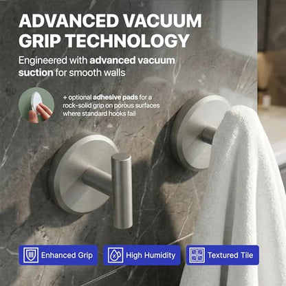 HOME SO Suction Cup Hooks for Shower & Bathroom Towel Holder 2-Pack – Suction Cups Hooks for Hanging Towels, Robes, & Coats - Tiles, Glass Door or Mirror – Shower Hooks & Towel Hooks - Nickel T-Shape - style: Brushed Nickel