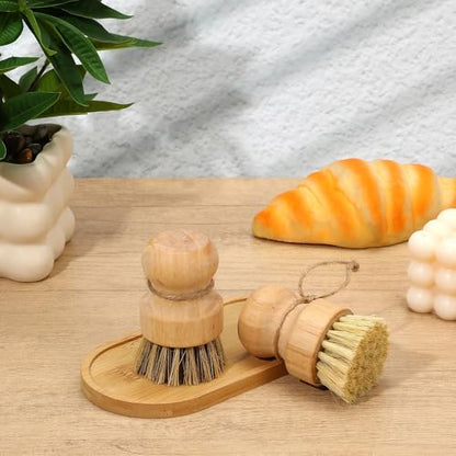 8 Packs Bamboo Dish Scrub Brushes Natural Palm Wooden Scrubbers Set Kitchen Dishwashing Scrubber with Natural Sisal Bristles for Iron Pot Pan Sink (Round)