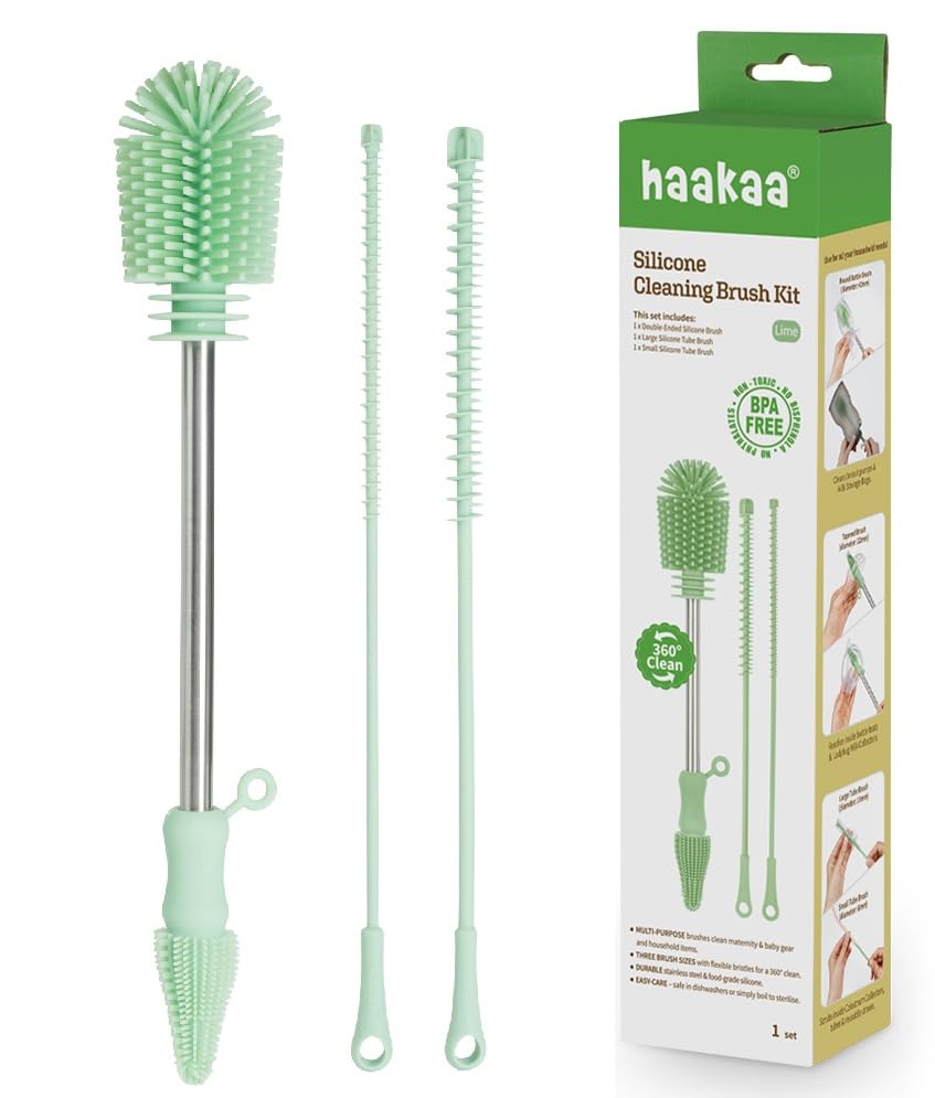 Haakaa Silicone Cleaning Brush Kit – Household Cleaning Brushes for Bottles and Crevices – Food-Grade Silicone: Dishwasher Safe (Kit-Lime) - color: Kit-lime