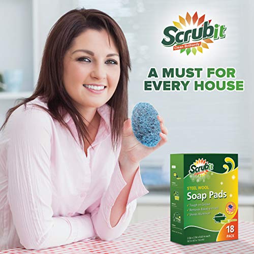 18 Pack Steel Wool Soap Pads by SCRUBIT - Metal Scouring Cooktop Cleaning Pads Used for Dishes, Pots, Pans, and Ovens - Pre-Soaped for Easy Cleaning of Tough Kitchen Grease and Oil