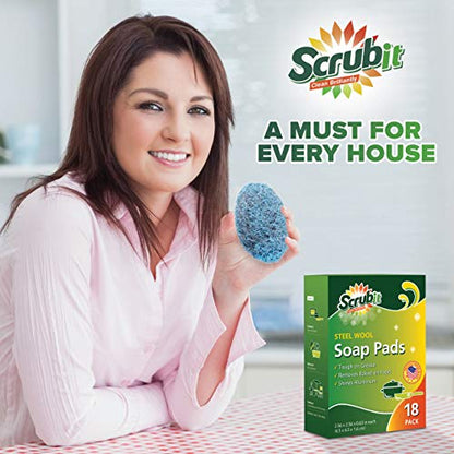 18 Pack Steel Wool Soap Pads by SCRUBIT - Metal Scouring Cooktop Cleaning Pads Used for Dishes, Pots, Pans, and Ovens - Pre-Soaped for Easy Cleaning of Tough Kitchen Grease and Oil