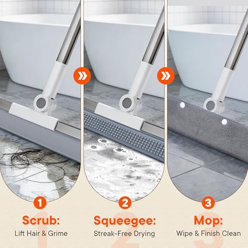 Floor Squeegee Broom with Rubber Scrubbing Teeth, 16 Inch 2-in-1 Magic Broom with 54 Inch Telescopic Long Handle, Shower Floor Squeegee for Bathroom, Kitchen, Tile, Concrete, Pet Hair