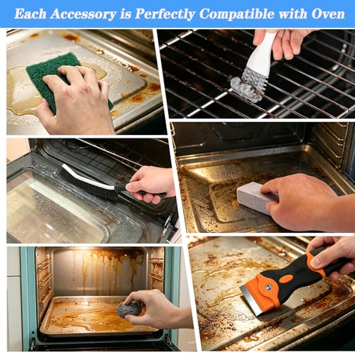 Heavy Duty Oven Cleaner Tools, 12 Pcs Oven Cleaning Accessories, Oven Cleaning Kit with Crevice Cleaning Brush, Razor Blade Scraper, Steel Wool Scrubber, Scrub Sponges, Pumice Stone, Cleaning Rags