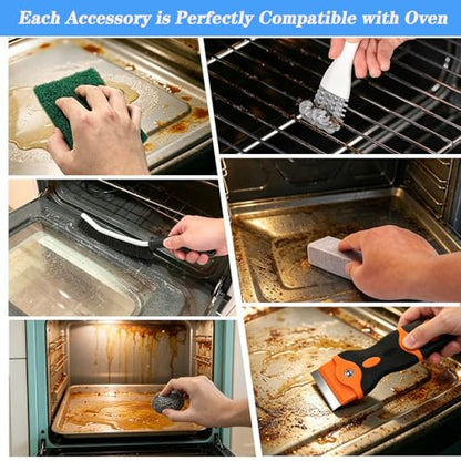 Heavy Duty Oven Cleaner Tools, 12 Pcs Oven Cleaning Accessories, Oven Cleaning Kit with Crevice Cleaning Brush, Razor Blade Scraper, Steel Wool Scrubber, Scrub Sponges, Pumice Stone, Cleaning Rags
