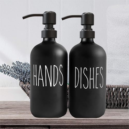 Sunrise Premium 16 OZ Thick Black Glass Soap Dispenser, Matte Black Stainless Steel Pump 2 Pack, Hand and Dish Soap Dispenser Set for Bathroom with 6 Waterproof Labels - color: Matte Black Stainless Steel Pump - Black Glass