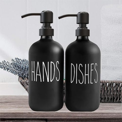 Sunrise Premium 16 OZ Thick Black Glass Soap Dispenser, Matte Black Stainless Steel Pump 2 Pack, Hand and Dish Soap Dispenser Set for Bathroom with 6 Waterproof Labels - color: Matte Black Stainless Steel Pump - Black Glass