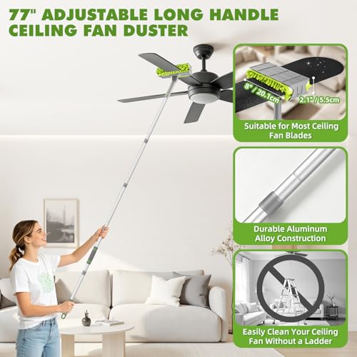 Ceiling Fan Cleaner Duster with 6 Ft/77'' Extendable Long Handle Multi-Functional Chenille Fan Duster for Ceiling Fan Blades, Blind, Cobweb, Vent, Wall
