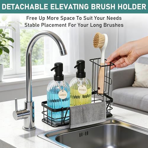 Hand and Dish Soap Dispenser Set, 14.4 oz/425 ml Dish Soap Dispenser, Dish Soap Dispenser with Sponge Holder & Diatomite Tray, for Countertop Organizer - color: Clear