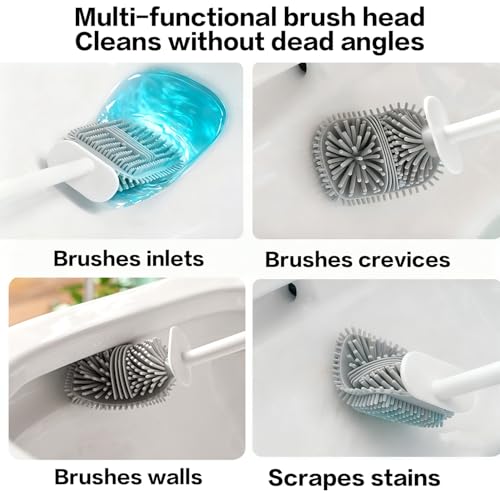 Silicone Toilet Brush Set with Corner Brush & Wall-Mounted Holder, No-Scratch Design with Drainage Holes, Adhesive Installation, White