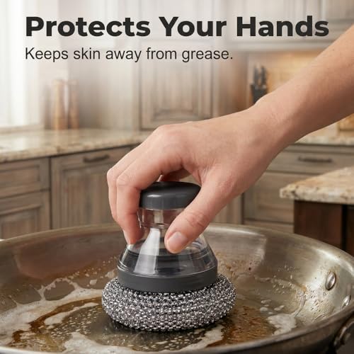 Comfort Grip Soap Dispensing Kitchen Scrub Brush, Dish Brush with Soap Dispenser & Handle, Extra Strong Scrubbing for Stubborn Residue on Pots Pans & BBQ Grill (5pcs Brush Head + 2pcs Handle) - color: 5pcs Brush Head + 2pcs Handle