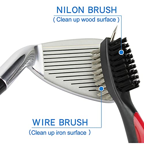 VIPMOON Golf Club Cleaner Kit, 2 Pcs Groove Sharpener Regrooving Tool and 1 Pcs Retractable Club Cleaner Brush, Portable Groove Sharpener Tool for All Golf Irons for Men - color: Red