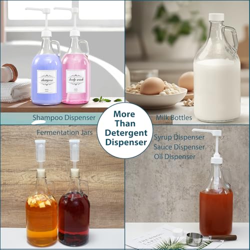 2 Pcs Glass Liquid Laundry Detergent Dispenser with Pump (Upgraded), 64 oz Dispenser for Laundry Room, Half Gallon Glass Jugs with Airtight Lid