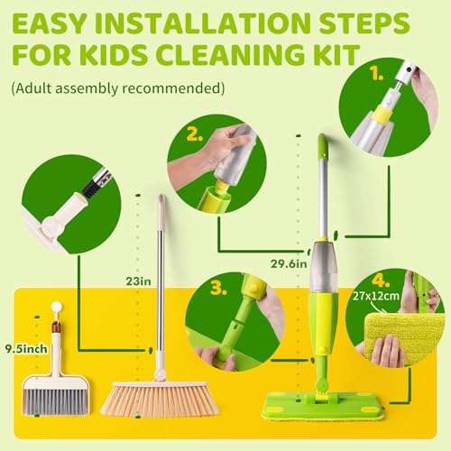 Kids Spray Mop,Toddler Mop Cleaning Set, Real Working Mini Mop & Kids Broom Dustpan Set, Housekeeping Pretend Play Toy, Montessori Kid Cleaning Toy Set Includes Organizer Clip -Green - size: Mop & Broom Set, style: Green