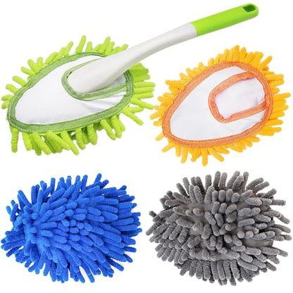 Microfiber Duster for Cleaning, Hand Washable Dusters with 4 pcs Replaceable Microfiber Head,Wet and Dry Use, Detachable Cleaning Supplies for Office, Car, Window, Furniture, Wall