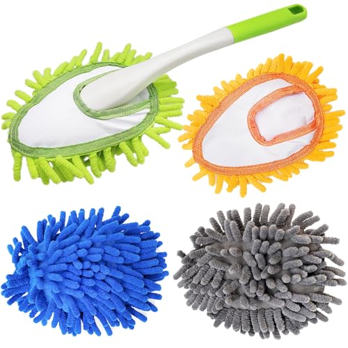 Microfiber Duster for Cleaning, Hand Washable Dusters with 4 pcs Replaceable Microfiber Head,Wet and Dry Use, Detachable Cleaning Supplies for Office, Car, Window, Furniture, Wall