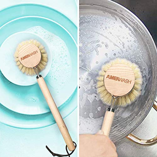 AMERWASH PLUS Dish Brush with Wooden Handle, Natural Kitchen Brush for Dishes Vegetable, Pots and Pans, Tampico Fiber Bristles Scrubber, Extra 3 Pack Replacement Head Included - size: 4 Piece Brush Set with Replacement Heads