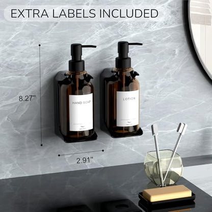 Modern Shampoo and Conditioner Dispenser - Shower Soap Dispenser Wall Mounted - 3-Pack 16 oz Plastic Amber Bottles with Black Pumps - Stylish Shampoo Dispenser, Shower Dispenser 3 Chamber No Drill - color: Amber