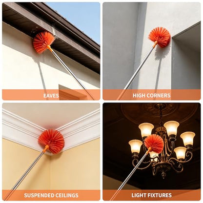 Cobweb Duster with Extension Pole, Upgraded Heavy Duty Thickened Stainless Steel Telescopic Handle for High Ceilings & Ceiling Fans, 90" Total Reach (15.7" Compact), Medium Stiff Bristles (Orange) - color: Orange