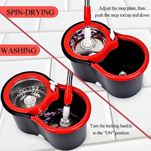 Spin Mop and Bucket with Wringer Set, 360° Spinning Mop Bucket System with 3 Microfiber Mop Replacement Heads and 61" Stainless Steel Adjustable Handle for Floor Cleaning - color: Black-1