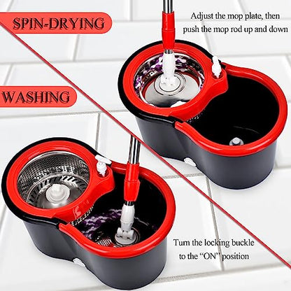 Spin Mop and Bucket with Wringer Set, 360° Spinning Mop Bucket System with 3 Microfiber Mop Replacement Heads and 61" Stainless Steel Adjustable Handle for Floor Cleaning - color: Black-1