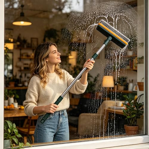 Floor Scrub Brush with Long Handle 43.7 Inch V Shape Rotating Head Floor Brush with Scraper, Stiff Bristle Non Slip Broom for Bathroom Kitchen Shower Grout Tile Outdoor Deck Patio
