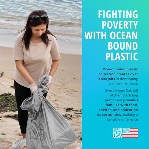 Hippo Sak - Tall Kitchen Garbage Bags with Ergonomic Handles - 13 Gallon Trash Bags Made from Recycled Ocean Bound Plastic - Super Strong and Leak Proof Tall Kitchen Trash Bags (90 Count) - size: 90 Count (Pack of 1)