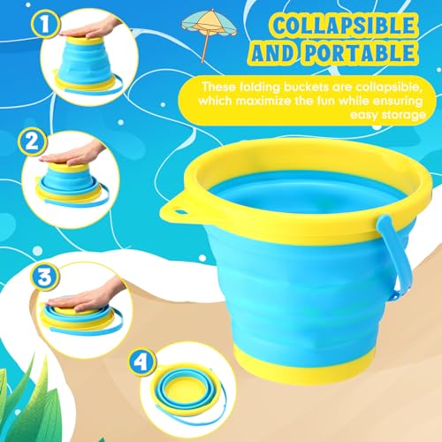 Realspring 3 Pcs Summer Foldable Pail Bucket with Shovels 2.5 L Collapsible Sand Bucket Foldable Beach Toys for Beach Party Outdoor Activity (Classic Color)