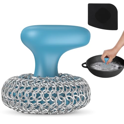Cast Iron Scrubber | Dish Scrub Brush | 316 Cast Iron Cleaner Chainmail Scrubber for Pan Skillet Cleaner - Blue - color: Blue